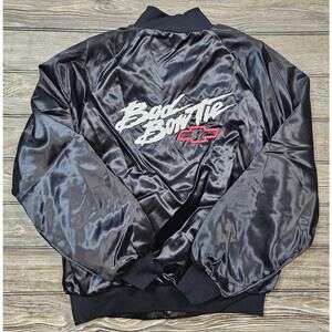 Vintage 80s Westark Satin Bomber Jacket Chevy Bad Bow Tie Mens Sz Large Black